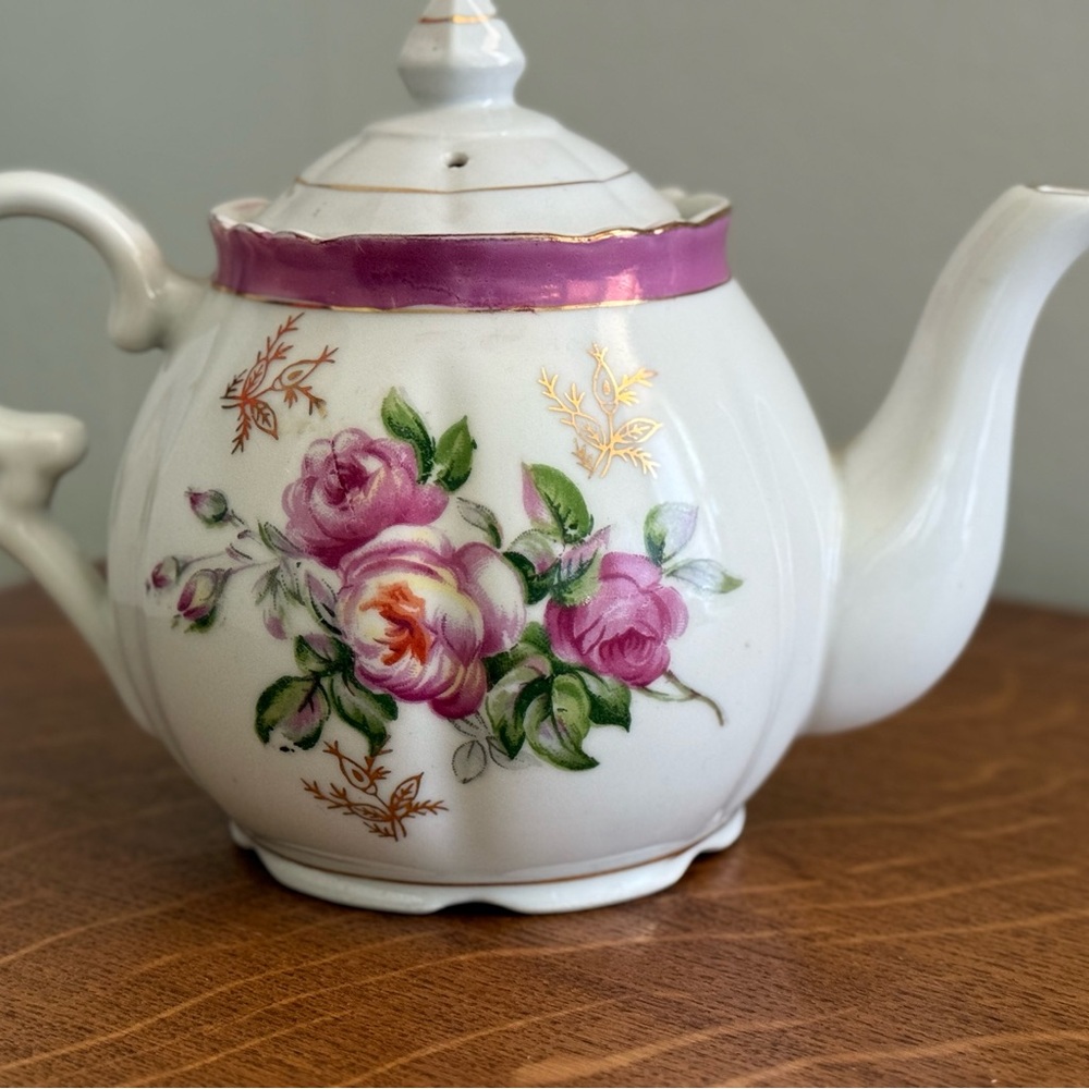 Vintage Hand Painted Moss Rose Floral Teapot
